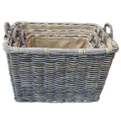 Rustic Rectangle Log Basket With Ear Handles & Removable Hessian Liner (Small)